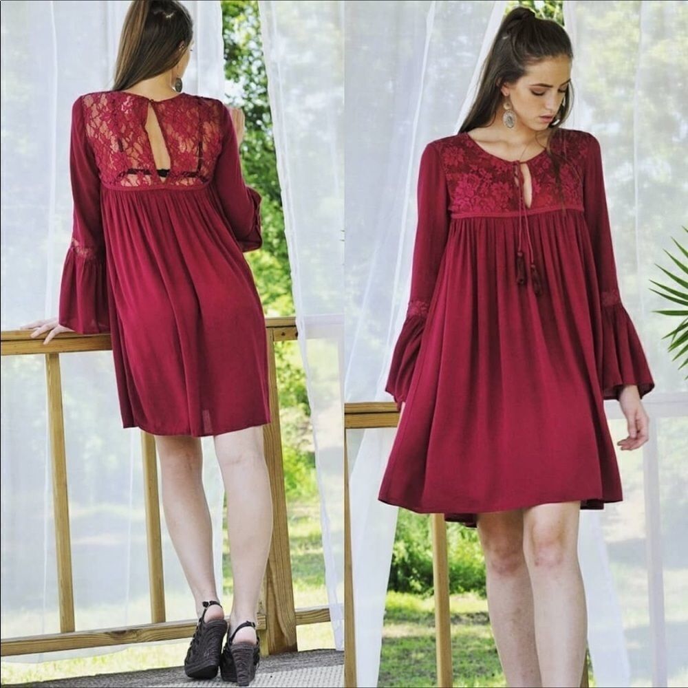 Burgundy M Tunic Dress Tassel Tie Lace Details Bell Sleeves Back Keyhole - Picture 4 of 4